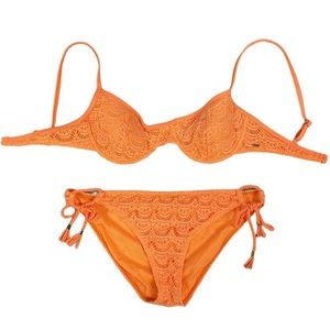 Roxy Crochet Bikini Neon Orange 2 Piece with Underwire Bra Top Sz L